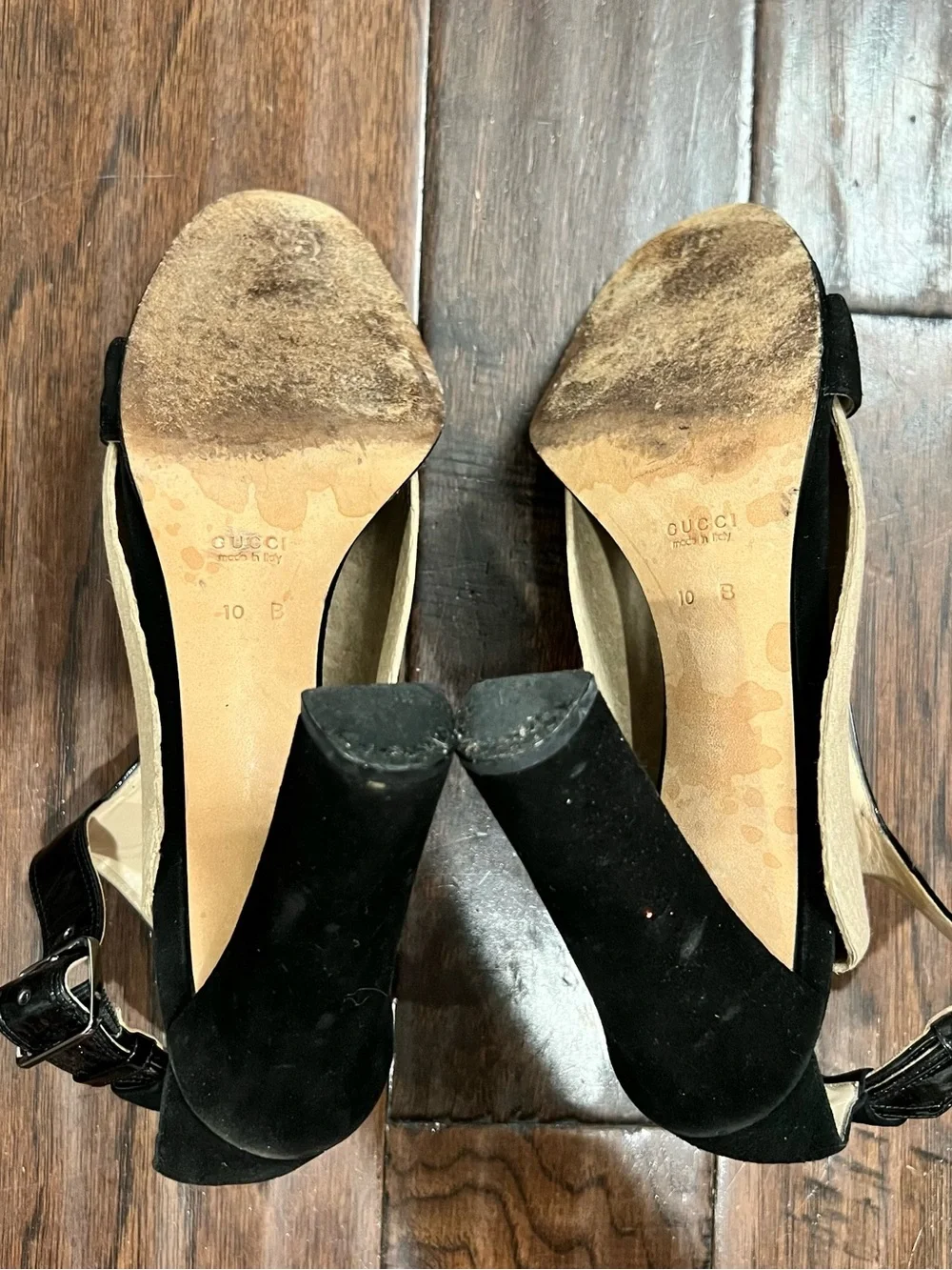 Authentic Gucci Patent Suede Leather Ankle T-Strap Block Heel